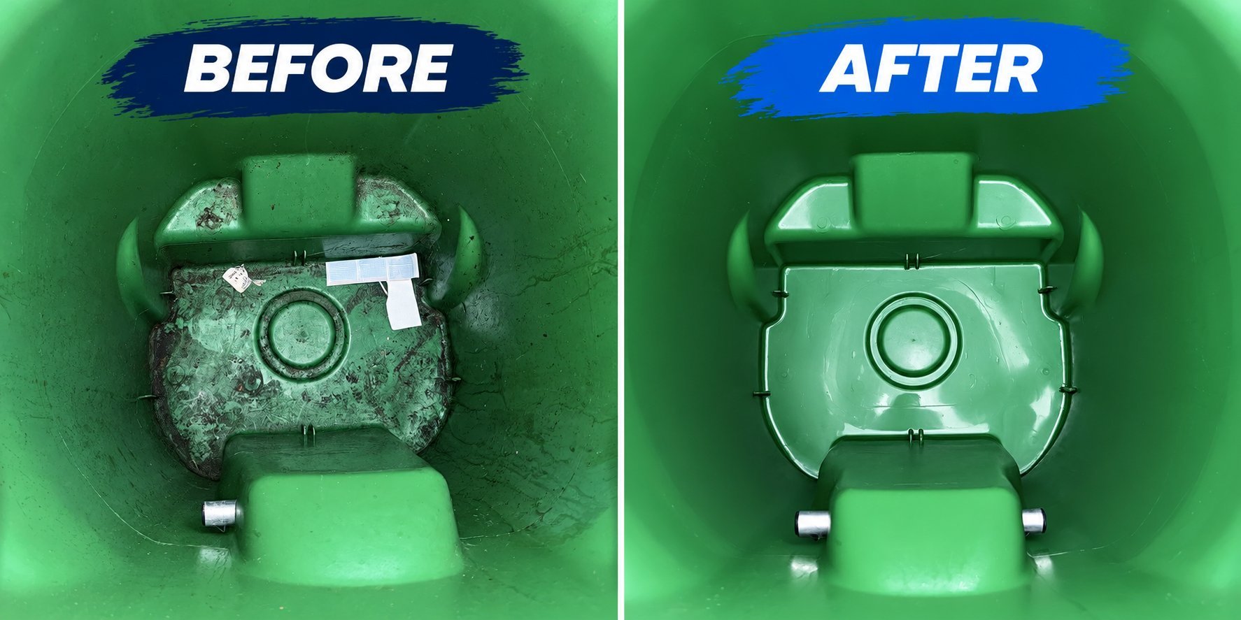 Before and after comparison of a green device showing cleaning transformation from dirty to clean